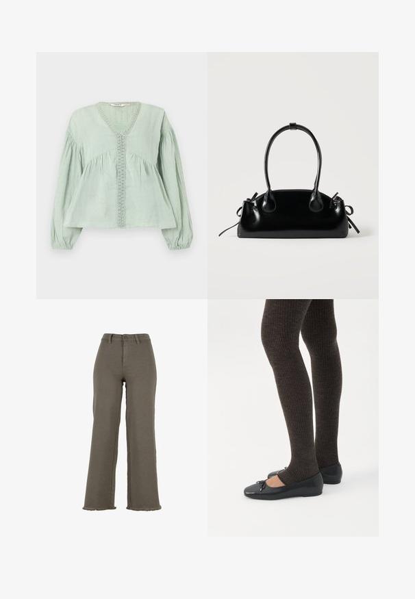 Lichtgroene blouse met lange mouwen en V-hals, met kanten bies aan de voorkant, een geplooide taille en elastische manchetten, getoond op een witte achtergrond.; Wijde broek met hoge taille in olijfgroen, met knoop- en ritssluiting, riemlussen en gefraaide zoom.; Benen met donkere geribbelde leggings gecombineerd met zwarte ballerina's met kleine strikdetails op een witte achtergrond.; Kleine zwarte glanzende handtas met twee lange hengsels en zijkant trekkoord details op een effen lichte achtergrond.