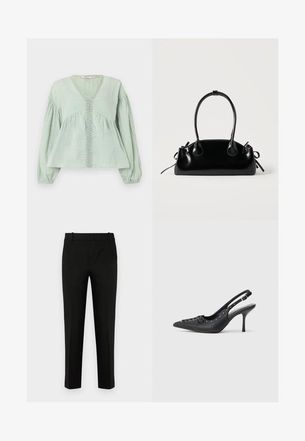 Lysegrøn langærmet bluse med V-hals, blondekant foran, rynket talje og elastiske manchetter, vist på hvid baggrund.; Sort bukser med slim fit, der har flad front, sidelommer og en glat tekstur. Designet med mellemhøj talje og tapered ben.; Sorte læder slingback stiletto med spids tå, side spændebånd, nitter langs kanten og dekorativ snøring foran.; Lille sort blank håndtaske med to lange håndtag og snøre-detaljer i siden på en ensfarvet lys baggrund.