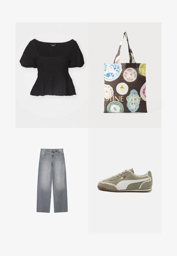 Top peplum noir avec de courtes manches ballon, surface texturée et un large décolleté carré, fabriqué dans un matériau léger.; Jean denim gris à jambes larges avec un lavage délavé, doté d'une fermeture classique à bouton et zip, cinq poches et des coutures contrastées.; Baskets en daim vert avec des accents en cuir blanc, coutures texturées, laçage à l'avant et semelle en caoutchouc. Présente des détails de design uniques sur les côtés.; Sac fourre-tout marron avec des motifs d'assiettes vintage colorées et un texte jaune vif partiel, doté de doubles anses en tissu.