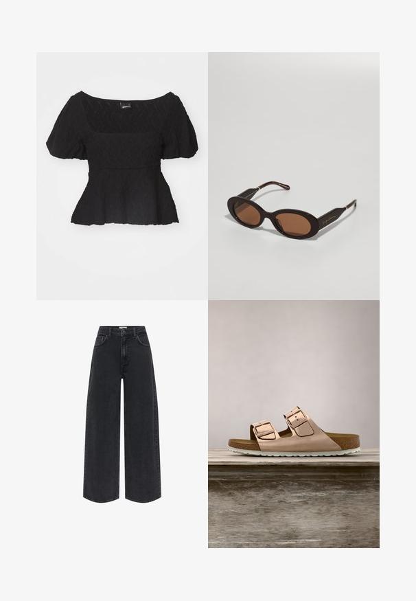 Čierny peplum top s krátkymi puff rukávmi, textúrovaným povrchom a širokým štvorcovým výstrihom, vyrobený z ľahkého materiálu.; Čierne džínsy s vysokým pásom a širokými nohavicami, so zapínaním vpredu na gombíky a zips, prednými a zadnými vreckami a pútkami na opasok.; Ružovo-zlaté šľapky s dvoma nastaviteľnými kovovými prackami, korkovým stielka a bielou gumovou podrážkou. Hladký kovový povrch, otvorený dizajn na prstoch.; Giorgio Armani Slnečné okuliare - brown