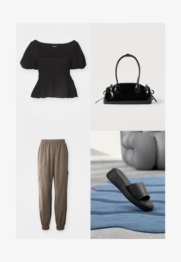 Top peplum noir avec de courtes manches ballon, surface texturée et un large décolleté carré, fabriqué dans un matériau léger.; Pantalons cargo amples en tissu marron, dotés d'une taille élastique, de poignets froncés et de poches à rabat sur le côté pour plus de fonctionnalité.; Sandale slide noire reposant sur un tapis bleu texturé avec un grand mobilier gris rembourré en arrière-plan.; Petit sac à main noir brillant avec deux longues anses et des détails à cordon sur les côtés sur un fond clair uni.