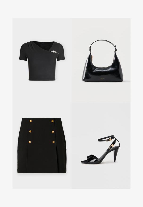 Sort kortærmet crop top med asymmetrisk halsudskæring og en lille dekorativ spænde detalje på højre skulder.; Sort mini nederdel med et tætsiddende design, der har et forstykke med fire guldknapper og en sidelæg detalje. Fremstillet af glat stof.; Sorte patentlæder højhælede sandaler med dobbelte ankelremme og guldspænder, åben tå og slank taperet hæl på neutral baggrund.; Sort blank Calvin Klein håndtaske med gyldent lynlås og kort rem mod en ensfarvet hvid baggrund.