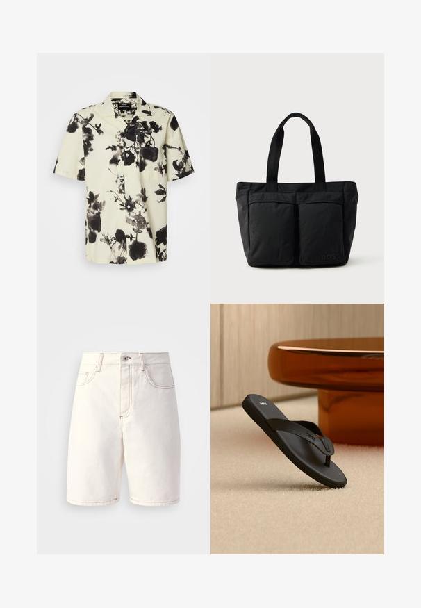 Chemise à manches courtes avec une base crème ornée de motifs floraux noirs. Fabriquée en tissu léger, elle possède un bouton devant et une poche poitrine.; Shorts en denim blanc à coupe droite, dotés de cinq poches, de coutures oranges et d'une fermeture éclair avec un bouton unique.; Sandale noire BOSS type tongs sur un tapis beige avec une grande table ronde couleur ambre en arrière-plan.; Sac fourre-tout noir en tissu doux, avec deux poches avant et des anses robustes. Logo affiché sur le côté. Design simple et fonctionnel.