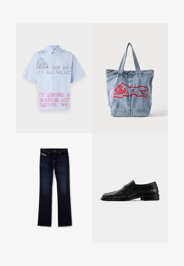 Blau-weiß gestreiftes Kurzarmhemd mit handgeschriebenem schwarzem und pinkem Text "Never look back, it is all ahead" und teilweise pinken Buchstaben darunter.; Dunkelblaue Jeans aus Denim mit geradem Bein, ausgestattet mit orangefarbenen Nähten, einem Reißverschluss und Vordertaschen. Glatte Textur und Standardbund.; Schwarzer Leder-Herrenslipper mit niedrigem Absatz und metallischem Logodetail am Obermaterial, seitlich auf hellem, einfarbigem Hintergrund dargestellt.; Hellblauer Denim-Shopper mit zwei Griffen und einer roten Umrisszeichnung eines laufenden Comic-Tieres auf der Vorderseite.