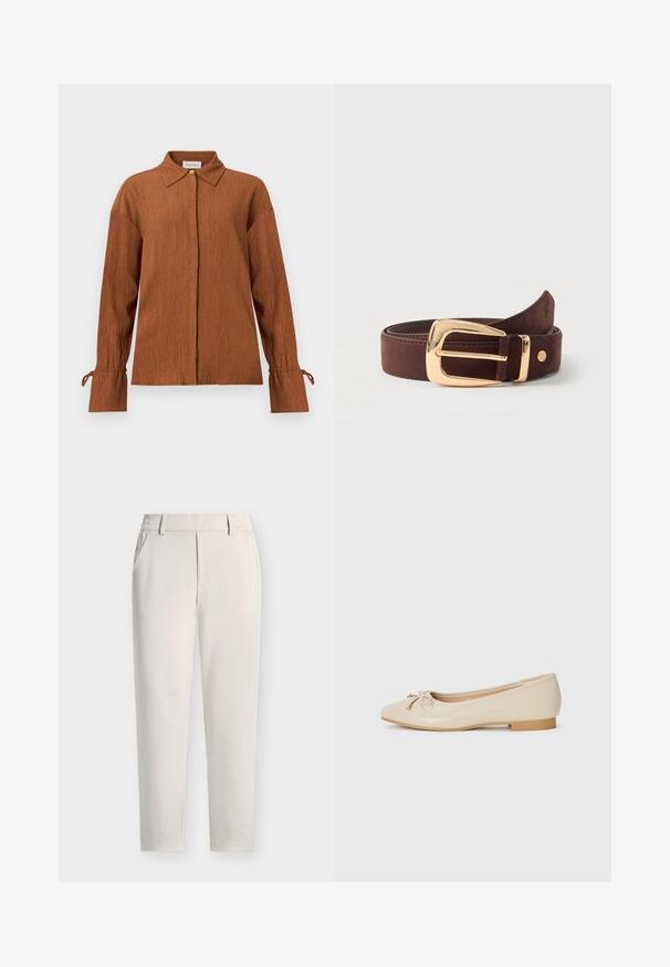 Bruine blouse met lange mouwen en textuur, een puntige kraag, verborgen knopen aan de voorkant en gestrikte manchetten, afgebeeld op een effen achtergrond.; Beige rechte broek met riemlussen, zijzakken en een voorritssluiting tegen een effen achtergrond.; Beige balletschoenen van glad synthetisch materiaal. Voorzien van een kleine blokhak en een geknoopt detail met gouden accenten op de teen.; Bruine leren riem opgerold met een glanzende gouden rechthoekige gesp en een klein rond metalen logo vlakbij de punt.