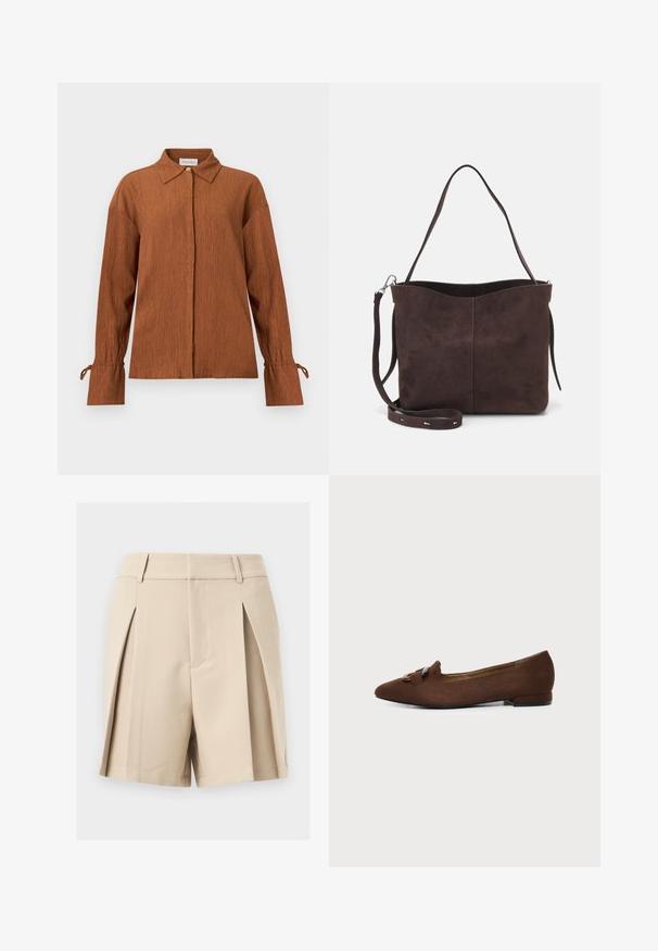 Blouse marron à manches longues texturée, avec col pointu, boutons cachés à l’avant et poignets noués sur fond uni.; Shorts beige taille haute, coupés sur mesure, avec passants de ceinture et plis avant, présentés sur un fond neutre.; Chaussure plate marron à bout pointu avec détail décoratif de boucle sur le dessus, sur fond clair uni.; Sac fourre-tout en suède brun avec une texture douce, présentant une seule bandoulière et une ouverture supérieure légèrement courbée. Aucun détail de matériel visible.