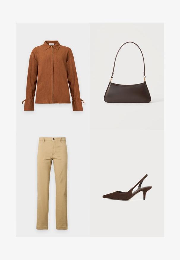 Bruine blouse met lange mouwen en textuur, een puntige kraag, verborgen knopen aan de voorkant en gestrikte manchetten, afgebeeld op een effen achtergrond.; Khaki chinos van katoen, met een rechte pijp, twee voorkanten zakken, een enkele knoopsluiting en riemlussen, met een gladde textuur.; Donkerbruine suède slingback pump met spitse neus en kittenhak op een effen lichte achtergrond.; Donkerbruine leren handtas met een gebogen bovenrits en een dunne schouderriem met gouden sluitingen op een effen achtergrond.