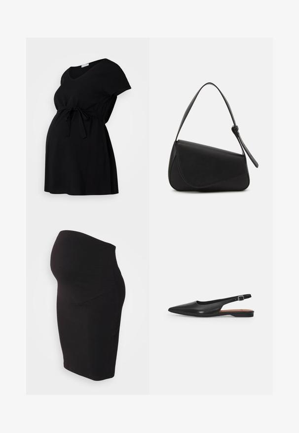 Vestido de maternidad negro de tejido suave, con mangas cortas, escote en V y cintura con cordón para un ajuste ajustable. Diseño simple, sin estampados.; Falda de maternidad negra hecha de un tejido suave y elástico. Presenta un panel de cintura alta para mayor comodidad y un diseño ajustado que se adapta al cuerpo.; Zapato de cuero negro tipo slingback con punta afilada, ligero brillo y correa ajustable en el tobillo. Tacón plano con plantilla marrón.; Bolso de mano de cuero negro con forma triangular, tapa en ángulo y un asa superior redondeada. Presenta una textura suave y detalles de diseño minimalistas.