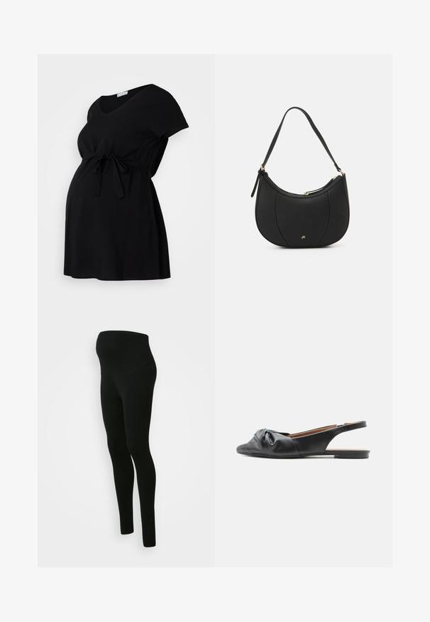 Vestido de maternidad negro de tejido suave, con mangas cortas, escote en V y cintura con cordón para un ajuste ajustable. Diseño simple, sin estampados.; Leggings de maternidad negros con una cinturilla alta y de soporte, textura suave, diseño ajustado y sin patrones ni adornos visibles.; Zapato plano de cuero negro con tiras traseras y detalle de nudo retorcido sobre los dedos, con un tacón bajo, mostrado en perfil mirando hacia la izquierda.; Bolso de mano de cuero negro con forma curva, superficie texturizada, costuras frontales y un logo en tono dorado. Cuenta con una sola correa ajustable.