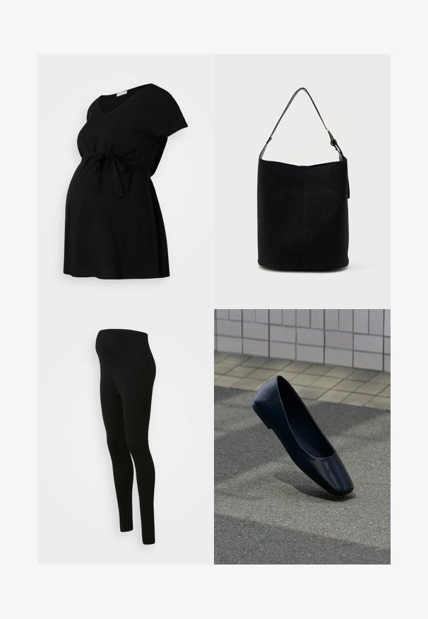 Vestido de maternidad negro de tejido suave, con mangas cortas, escote en V y cintura con cordón para un ajuste ajustable. Diseño simple, sin estampados.; Leggings de maternidad negros con una cinturilla alta y de soporte, textura suave, diseño ajustado y sin patrones ni adornos visibles.; Zapato plano de cuero negro, de pie verticalmente sobre una superficie de asfalto cerca del borde de una acera con baldosas.; Bolso de piel negra tipo cubo con una sola correa de hombro ajustable y un detalle de costura minimalista en el frente.