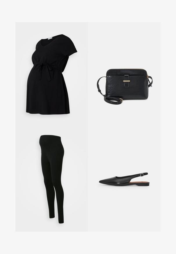 Robe de maternité noire en tissu doux, avec des manches courtes, un décolleté en V et une taille ajustable à cordon. Design simple, sans motifs.; Leggings de maternité noirs avec une taille haute et un soutien optimal, texture lisse, design ajusté, sans motifs ni embellissements visibles.; Chaussure slingback en cuir noir avec un bout pointu, un léger éclat et une bride de cheville réglable. Talon plat avec une semelle intérieure marron.; Sac en cuir noir avec motif crocodile et accents en métal doré. Doté d'une fermeture éclair sur le dessus et d'une bandoulière amovible.