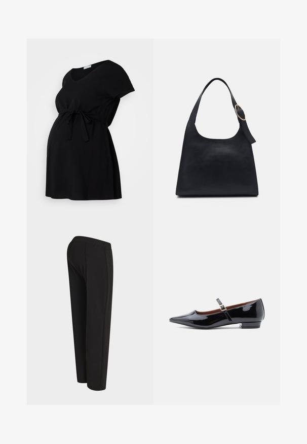 Schwarzes Umstandskleid aus weichem Stoff, mit kurzen Ärmeln, V-Ausschnitt und verstellbarem Kordelzug in der Taille. Schlichtes Design, ohne Muster.; Schwarze gerade Hose, auf einer Schaufensterpuppe von hinten gezeigt, mit hohem Bund und schlichtem, unverziertem Design.; Schwarze Lackleder-Mary-Jane-Ballerinas mit spitz zulaufender Zehenpartie und kleinem Absatz, ausgestattet mit einem verstellbaren Riemen mit goldfarbener Schnalle.; Schwarze Leder-Tote mit glatter Textur, runder Form und einem einzigen Schulterriemen, der mit einem runden goldenen Hardware-Akzent verziert ist.
