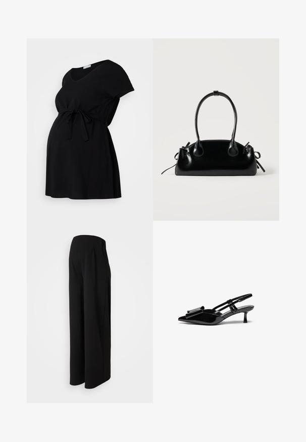 Mustas raseduskleit pehmest kangast, lühikeste varrukatega, V-kaelusega ja reguleeritava vöökohtadega. Lihtne disain, ilma mustriteta.; Vero Moda Maternity Wide-leg Wide Leg Fit - Püksid - black; Mustad läikivad nahkjalatsid, millel on terav varvas, ees viigivöönd ja väike stiletto konts. Rihmad on reguleeritavate pandlitega.; Väike must läikiv käekott kahe pika sangaga ja külgedel paelakinnitustega, ühel lihtsal helel taustal.