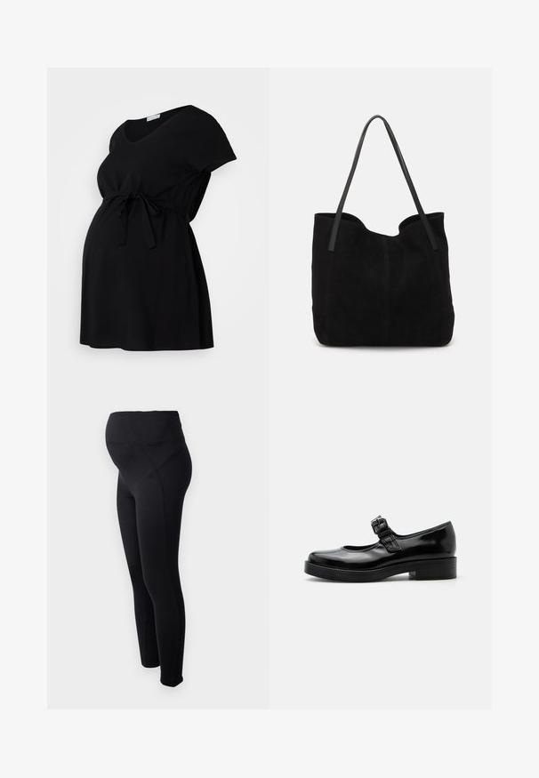 Schwarzes Umstandskleid aus weichem Stoff, mit kurzen Ärmeln, V-Ausschnitt und verstellbarem Kordelzug in der Taille. Schlichtes Design, ohne Muster.; Schwarze Schwangerschaftsleggings mit hohem Bund, hergestellt aus elastischem Material. Sie verfügen über eine glatte Textur und ein figurbetontes Design für höchsten Komfort.; Schwarzer Lackleder Mary Jane Schuh mit abgerundeter Spitze, niedrigem Blockabsatz und verstellbarem Schnallenriemen über dem Spann.; Schwarze Wildleder-Umhängetasche mit zwei langen, flachen Ledergriffen. Sie verfügt über eine gewölbte obere Kante und sichtbare Nähte auf der Vorderseite. Keine Hardware-Details.