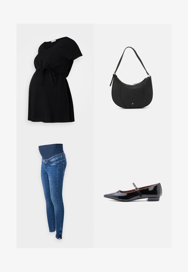 Schwarzes Umstandskleid aus weichem Stoff, mit kurzen Ärmeln, V-Ausschnitt und verstellbarem Kordelzug in der Taille. Schlichtes Design, ohne Muster.; Schwangerschaftsjeans aus dunkelblauem Denim. Slim Fit mit einem dehnbaren, unterstützenden Bauchband. Mit seitlichen Reißverschlüssen an den Knöcheln.; Schwarze Lackleder-Mary-Jane-Ballerinas mit spitz zulaufender Zehenpartie und kleinem Absatz, ausgestattet mit einem verstellbaren Riemen mit goldfarbener Schnalle.; Schwarze Lederhandtasche mit geschwungenem Design, strukturiertem Material, vorderen Nähten und einem Logo in Goldtönen. Verfügt über einen einzelnen verstellbaren Tragegurt.