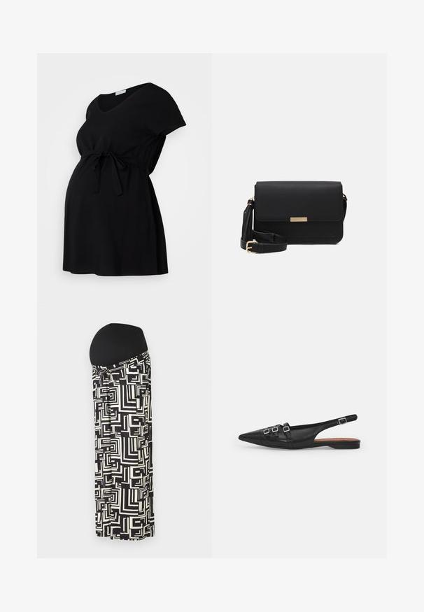 Robe de maternité noire en tissu doux, avec des manches courtes, un décolleté en V et une taille ajustable à cordon. Design simple, sans motifs.; Jupe maxi de maternité en noir et blanc avec des motifs géométriques, dotée d'une taille élastique pour le confort et l'élasticité.; Chaussure plate noire en cuir avec un bout pointu, dotée de deux lanières horizontales et de boucles carrées en argent, avec un faible talon et une texture lisse.; Sac en cuir noir avec un rabat, accents en matériel doré, sangle réglable et surface texturée. Forme rectangulaire compacte.