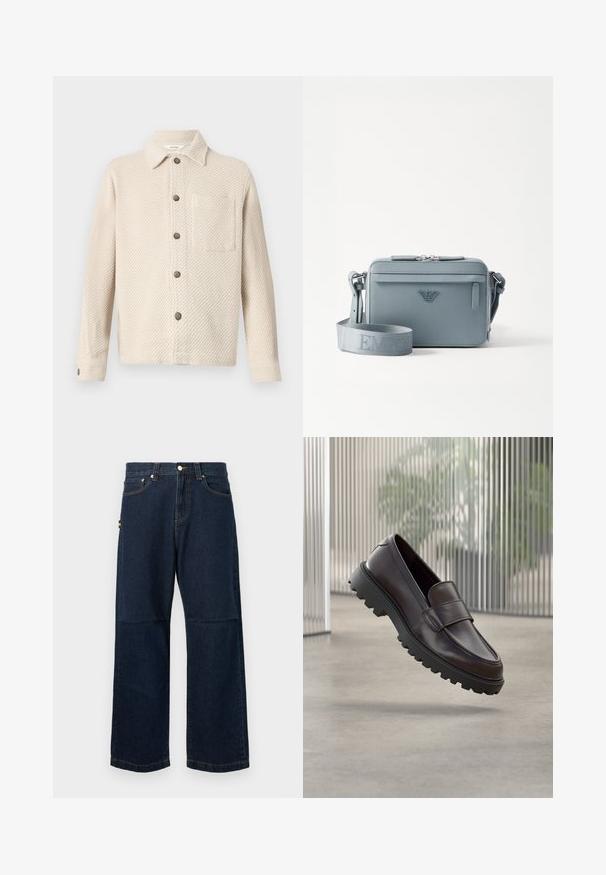 Beige strukturiertes Hemdjacke mit langen Ärmeln, Kragen, Brusttasche auf der rechten Seite und dunklen Knöpfen entlang der Vorderseite und an den Manschetten.; Dunkelblaue Denim-Jeans mit geraden Beinen, die ein klassisches Fünf-Taschen-Design, kontrastierende Nähte und ein kleines farbiges Etikett an der Seite aufweisen.; Brauner Leder-Schlupfschuh mit abgerundetem Zehenbereich und einer robusten schwarzen Gummisohle. Verfügt über einen dekorativen Riemen über dem Spann.; Blau strukturierte Umhängetasche aus strukturiertem Material, mit Reißverschluss, Fronttasche und verstellbarem Schulterriemen mit "EMPOR"-Markierung.