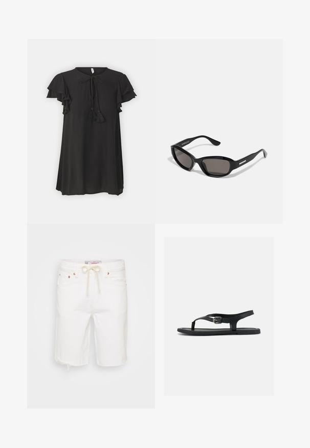 Robe noire avec des manches courtes froncées et un col rond. Présente une fermeture à nouer avec des franges noires, fabriquée à partir d'un tissu texturé.; Shorts en denim blanc avec un ourlet effiloché, featuring une taille à cordon, cinq poches et des accents en métal couleur cuivrée.; Sandale plate noire avec bride à la cheville, entre-doigt et boucle argentée sur semelle lisse, vue de côté sur fond blanc.; Lunettes de soleil noires avec une monture rectangulaire, des verres sombres, un matériau plastique lisse et un accent métallique sur la branche.
