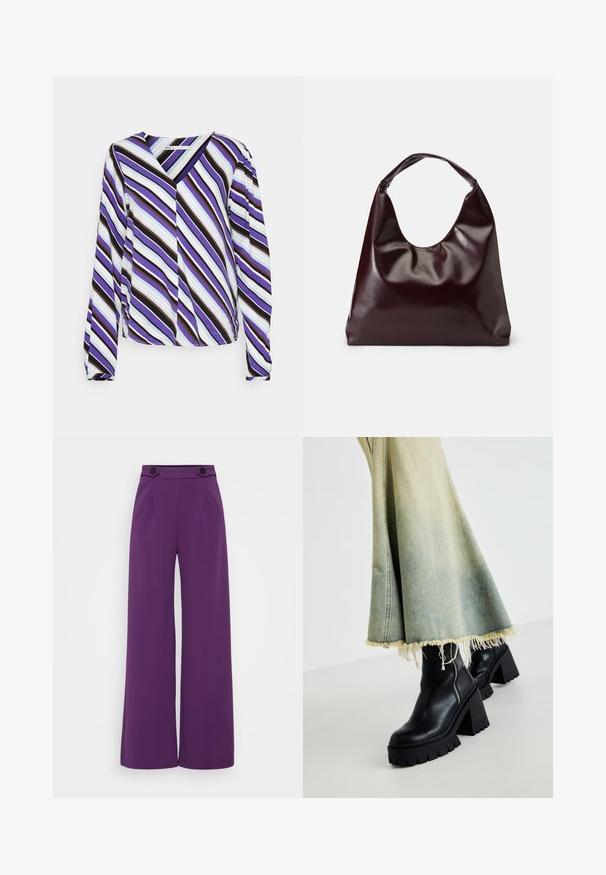 ONLY Tall ONLALMA LIFE SELENA - Μπλούζα - paisley purple city stripe; Πλατιά παντελόνια σε ζωηρό μωβ χρώμα, φτιαγμένα από απαλό ύφασμα με ραμμένο μέσο που διαθέτει δύο μαύρα κουμπιά και πτυχές μπροστά.; Μαύρες δερμάτινες μποτες μέχρι τον αστράγαλο με χοντρή υφασμάτινη σόλα, σε συνδυασμό με φθαρμένη τζιν φούστα με το τελείωμα να είναι σκισμένο. Λεπτομέρεια φερμουάρ στο πλάι.; Μπορντό, γυαλιστερή τσάντα tote από vegan δέρμα με μαλακή, γλυπτική μορφή και ευρεία, καμπυλωτή λαβή για εύκολη μεταφορά.