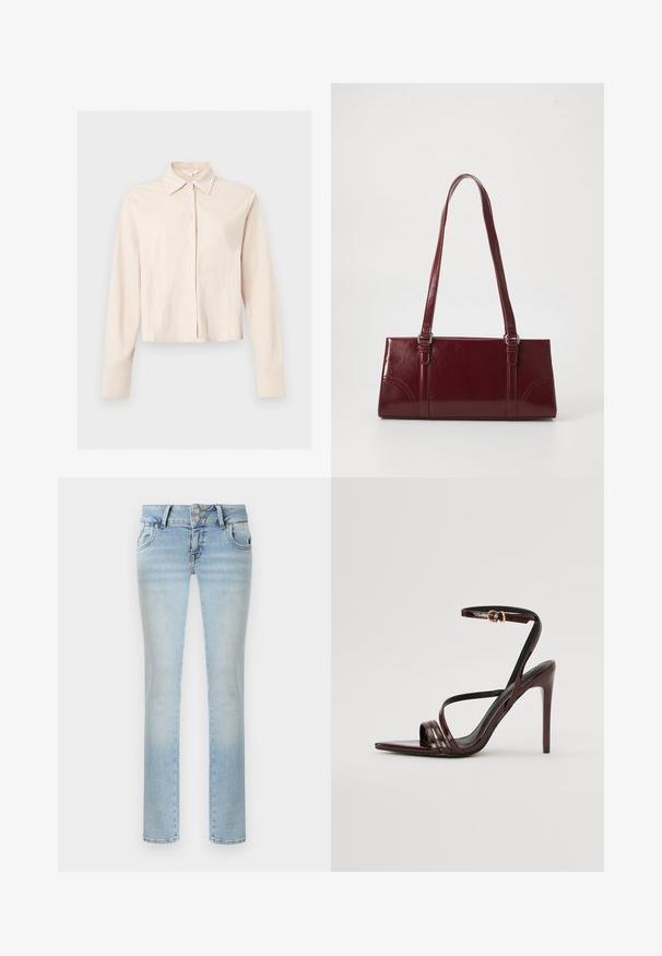 Chemise beige à manches longues avec boutons, col pointu et manches à poignets, présentée sur un fond neutre.; Jeans bleu clair à jambes droites avec fermeture à double bouton, poches avant et légère décoloration sur les cuisses et les genoux.; Sandale à talons hauts en cuir verni bourgogne avec une bride de cheville, bout pointu et trois bandes horizontales sur le pied. Détail de boucle dorée.; Sac à main bordeaux en matériau brillant, de forme rectangulaire, avec deux anses et des accents légèrement courbés à l'avant.