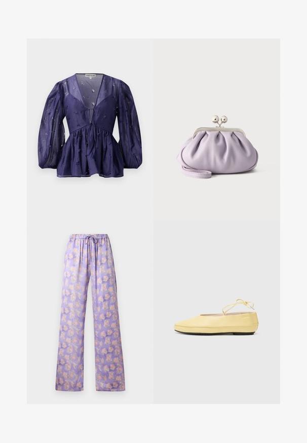 Blouse bleu marine en tissu transparent, décolleté en V et manches bouffantes. Présente une taille froncée avec des accents de broderie florale.; Pantalons floraux lilas clair avec taille élastique et cordon de serrage. Dotés d'un tissu doux, d'une coupe ample et d'un motif de fleurs roses et vertes.; Ballerines en cuir jaune avec un bout arrondi, une fine bride de cheville et une semelle en caoutchouc noir. Texture lisse avec des détails de conception minimaux.; Pochette lavande douce avec tissu froncé, fermoir kiss-lock argenté et bracelet assorti sur un fond clair uni.