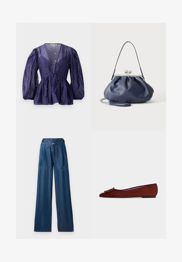 Marineblauwe blouse van doorschijnende stof, met V-hals en opbollende mouwen. Heeft een gathered taille met bloemmotieven als accenten.; Donkerblauwe wijde jeans van denim, met twee voorzakken, een knoopsluiting en contrasterende oranje stiksels.; Platte bruine suède damesschoen met spitse neus en grote decoratieve gesp bovenop tegen een effen achtergrond.; Zachte navyblauwe leren handtas met zilveren sluiting, enkele schouderband en afneembare ketting polsband op witte achtergrond.