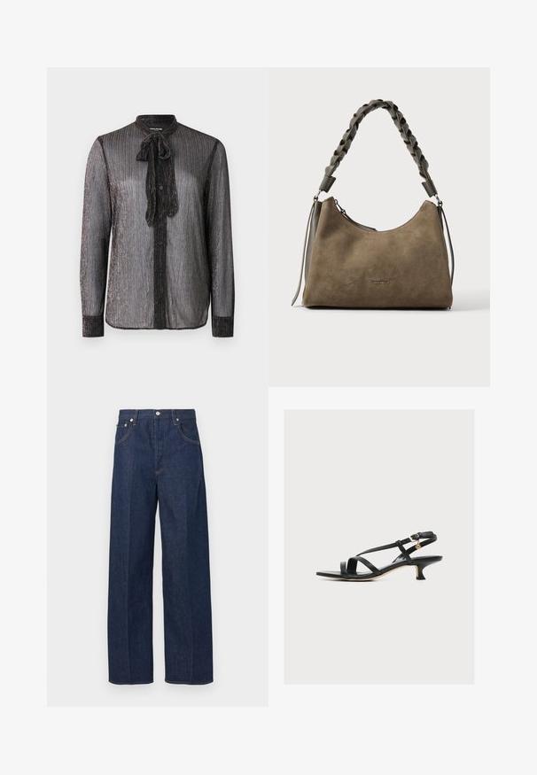 Langærmet skjorte i skinnende sort stof med lodrette striber, med en sløjfe ved kraven og knapper foran.; Mørkeblå denim jeans med bred ben-design, knaplukning og fem-lomme-stil med kontrasterende orange syning.; Sort damesandal i læder med tynde krydsede stropper, lav kittenhæls og lille guldbeklædt spænde på ankremmen.; Brun ruskindshåndtaske med flettet læder skulderrem og lynlåslukning, mærket "Coccinelle" foran i midten.