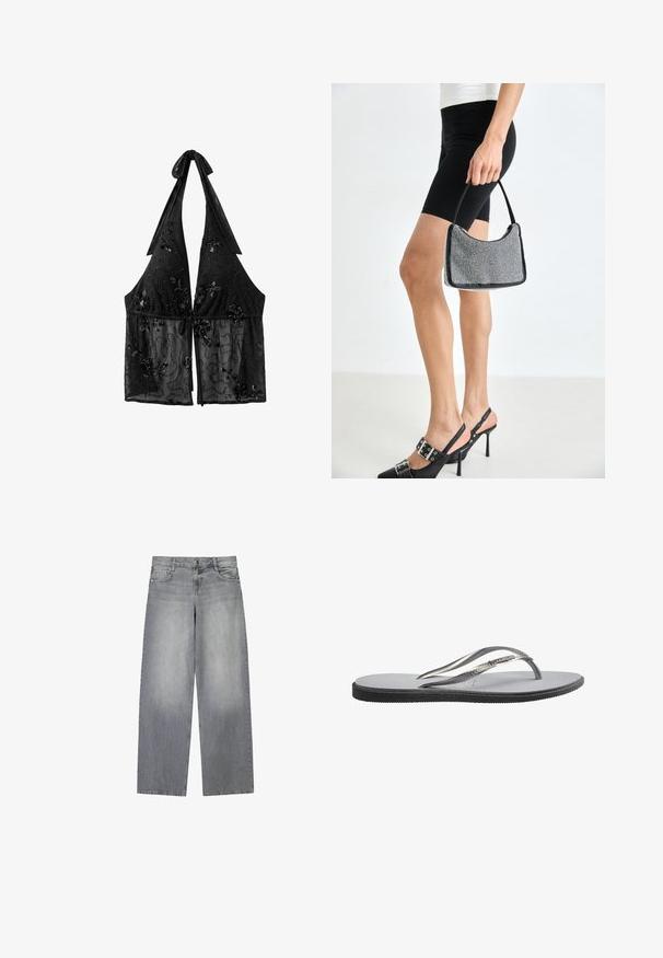 Čierny halter top z priesvitnej látky s prepracovanými kvetinovými flitrovými vzormi, zviazaný na uzol na krku a otvorený vpredu.; Široké svetlošedé džínsy z denim s mierne vyblednutým vzhľadom, so štyrmi vreckami, predným zapínaním na gombík a pútkami na opasok.; Jedna strieborná a biela žabka s textúrovanou stielkou a vzorovanými remienkami, zobrazená v bočnom pohľade na bielom pozadí.; Čierna korálková kabelka s zakriveným siluetom, nosnou rukoväťou a lesklou textúrou. Nosená s vysokými čiernymi topánkami na opätku a priliehavými čiernymi šortkami.
