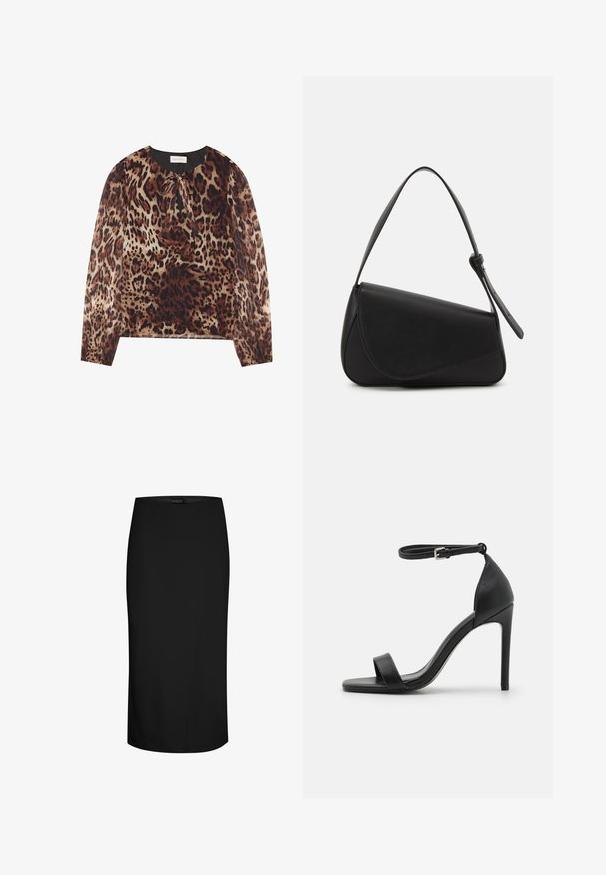 Bluse med leopardprint, rund halsudskæring og bindedetalje, med lange, gennemsigtige ærmer. Stoffet har en let og glat tekstur.; Sort knælængde blyantskørte med tætsiddende pasform og minimale sømdetaljer på hvid baggrund.; Sort højhælet sandal med et sleek design, der har en ankelrem, åben tå og glat lædertekstur.; Sort læderhåndtaske med en triangular form, skrå klap og et rundt håndtag. Har en glat overflade og minimalistiske design detaljer.
