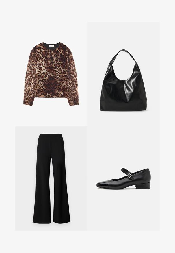 Bluse med leopardprint, rund halsudskæring og bindedetalje, med lange, gennemsigtige ærmer. Stoffet har en let og glat tekstur.; Sorte vide bukser lavet af blød, strækbar stof. Har en glat, elastisk talje og et enkelt, udekoreret design.; Sorte læder Mary Jane-sko med en patenttå, justerbar ankelrem og lav blokhæl. Glat tekstur og strømlinet design.; Sort læder hobo taske med en blød, skinnende tekstur og en rund, åben top. Har en bred, buet strop til bæring. Ingen synlig hardware.