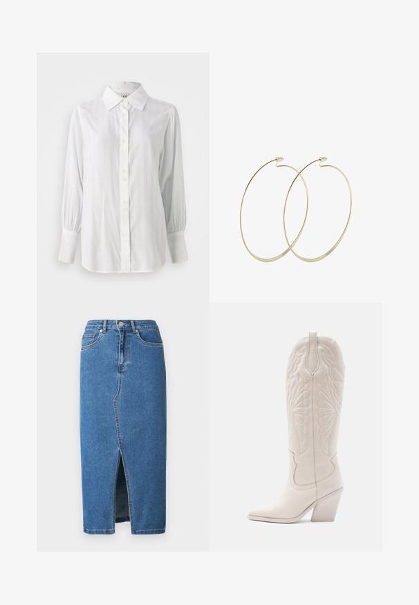 Witte blouse met verticale strepen, lange opgeblazen mouwen en een klassieke kraag. Voorzien van een rij van vijf knopen aan de voorkant.; Denim midi-rok in blauw. Voorzien van een voorsplit, een hoge tailleband en een ontwerp met vijf zakken. Klassieke stiksels en metalen hardware accenten.; Witte leren cowboylaars met een spitse neus en een vierkante hak. Heeft ingewikkelde stikpatronen op de schacht en een soepele textuur.; Pilgrim Oorbellen - gold-coloured