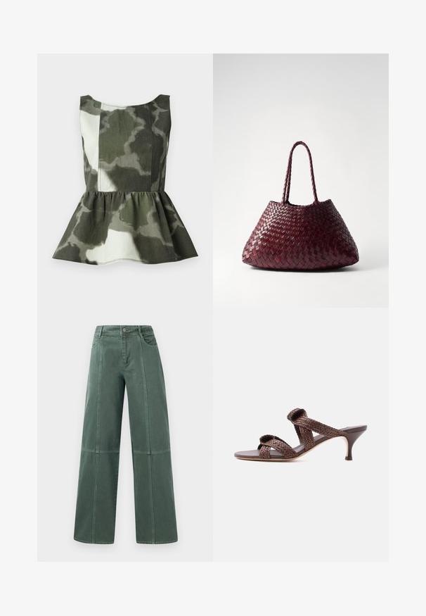 Top peplum hecho de una tela con estampado de camuflaje en tonos verdes y beige, con un cuerpo ajustado y un dobladillo acampanado y con volantes.; Pantalones de pierna ancha en denim verde oscuro, con costuras cosidas, cinco bolsillos y cierre de botón en la cintura. Textura suave y diseño casual.; Sandalia deslizable de cuero trenzado marrón con dos correas y un tacón bajo tipo gatito sobre un fondo blanco liso.; DRAGON DIFFUSION SANTA CROCE BIG - Bolso de mano - bordo