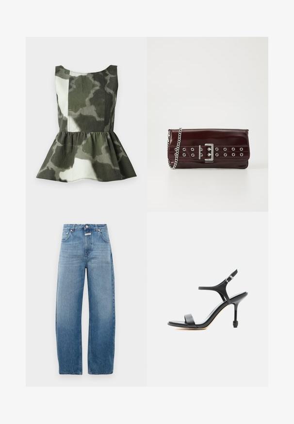 Roosa peplumi top, mis on valmistatud roheline ja beežis toonides kamuflaažimustriga kangast, omab vormitud kehaosa ja laiendatud volangiga allääri.; Hele sinine denim teksad, kõrge talje ja sirge jala lõikega. Omab klassikalist viit taskut ja metallist nappide sulgemist.; Mustast nahast kõrge kontsaga sandaal peente rihmade ja avatud varbaga, reguleeritava pahkluu pandlaga, esitatud valgel taustal.; Burgundia faux nahast kott hõbedase ahela rihmaga, millel on pandla disain ja metallist silmad üle esiosa, et lisada detaili.