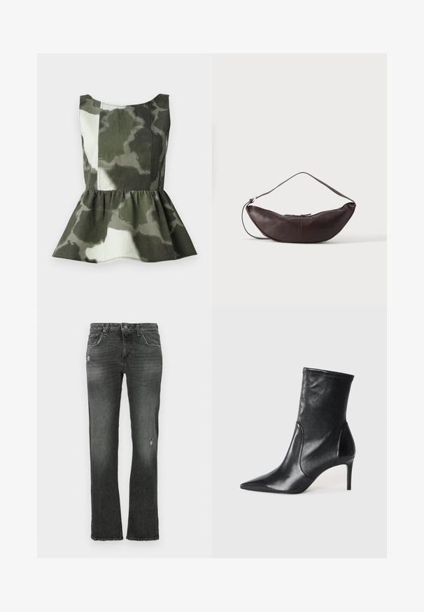 Top peplum en tissu à motif camouflage dans des teintes vertes et beiges, avec un corsage ajusté et un ourlet froncé évasé.; Jeans en denim noir avec une coupe droite, présentant des détails subtils d'usure et une disposition classique à cinq poches. Fermeture à bouton standard et passants de ceinture.; Bottes noires à la cheville en cuir lisse, dotées d'un bout pointu, d'un tige ajustée et d'un talon haut fin. Design minimaliste sans quincaillerie visible.; Sac d'épaule en cuir marron foncé en forme de croissant avec une lanière courbée et des coutures visibles sur fond uni.