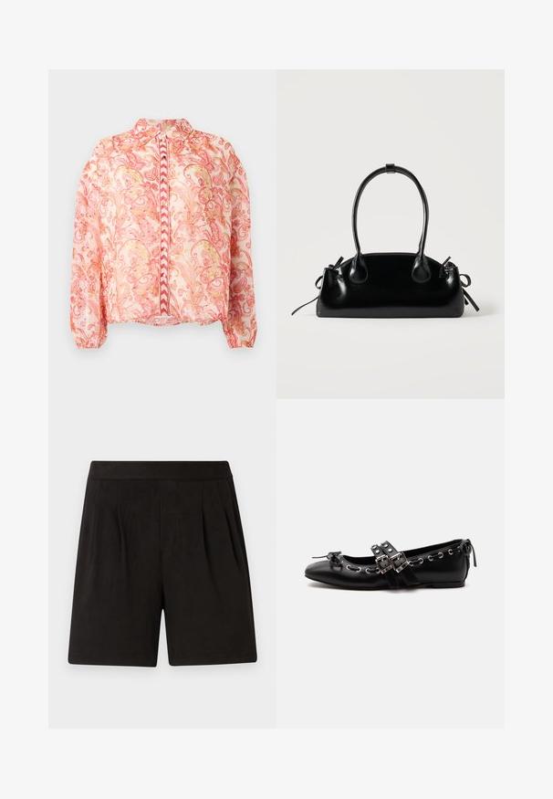 Transparante roze blouse met bloemenblaisers in rood en goud, ronde kraag, knoopsluiting aan de voorkant, elastische mouwen en rechte zoom.; Zwarte shorts van zacht materiaal, met een gladde textuur, elastische tailleband en geplooide voorkant. Eenvoudig en onafgewerkt.; Zwarte platte balletschoen met dubbele gespsluitingen, zilveren oogjes en een klein strikje nabij de afgeronde neus op een witte achtergrond.; Kleine zwarte glanzende handtas met twee lange hengsels en zijkant trekkoord details op een effen lichte achtergrond.