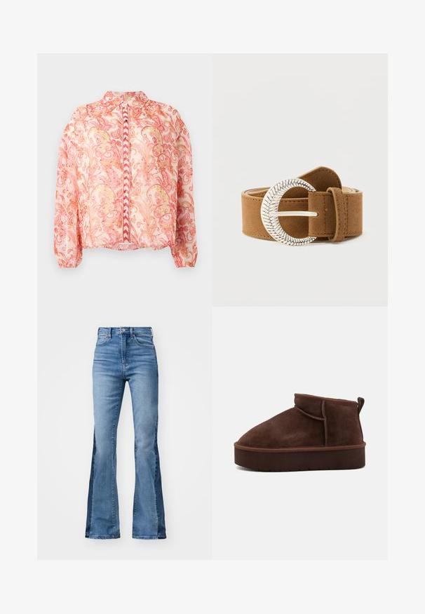 Blouse rose transparente avec des tournesols floraux en rouge et or, col rond, fermeture à boutons sur le devant, poignets élastiqués et ourlet droit.; Gap Tall 70S - Jean flare - medium indigo; Bottine en suede marron, avec un bout arrondi, une texture douce et une semelle épaisse. Elle présente un discret détail de couture et une languette à l'arrière.; Ceinture en daim couleur tan avec une boucle argentée texturée en forme de croissant. Elle présente un dessous lisse et une couture renforcée le long des bords.