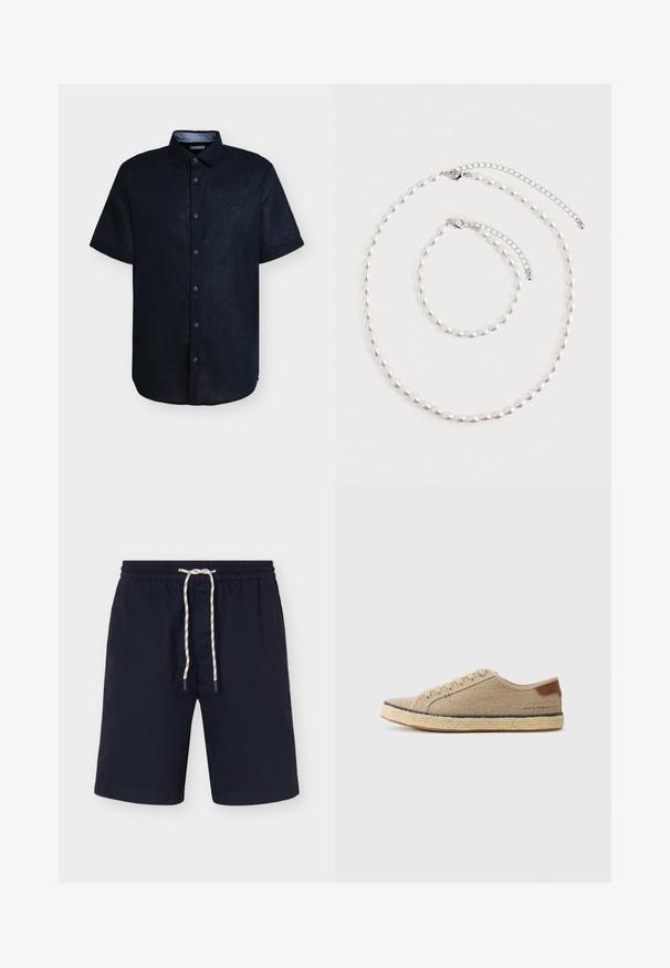Chemise bleu marine à manches courtes avec col pointu, sept boutons et ourlet droit sur un fond uni.; Short de bain bleu marine avec taille élastique et cordon blanc à pois noirs, longueur genou, à plat sur fond blanc.; Baskets en toile beige avec un bout arrondi, semelle en jute, accent en cuir marron au talon et couture ton sur ton sur le côté.; Collier de perles et bracelet assorti avec fermoirs en chaîne argentée disposés sur un fond blanc.