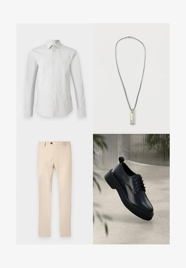 Wit overhemd met lange mouwen, subtiel klein stippenpatroon, klassieke kraag en getailleerde pasvorm.; Beige slim-fit pantalon met riemlussen, knoopsluiting aan de voorkant, ritssluiting en geperste vouwen langs de pijpen.; Zwarte leren schoen met een ronde neus, vetersluiting en een dikke rubberen zool met een gestructureerde rand. Strakke afwerking en minimale hardware.; Zilveren ketting met een rechthoekige hanger die is voorzien van textuurlijnen. Hanger is bevestigd met een lus; de ketting heeft een glad en flexibel ontwerp.