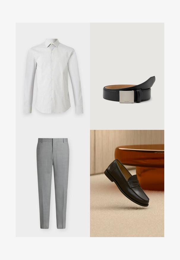 Chemise blanche à manches longues avec un motif subtil de petits pois, col classique et silhouette cintrée.; Pantalon de costume gris clair sur mesure avec passants de ceinture, devant plat et coupe droite sur fond blanc.; Chaussure mocassin en cuir noir suspendue au-dessus d’un tapis beige avec du mobilier moderne couleur ambre en arrière-plan.; Ceinture en cuir noir au fini lisse, avec une boucle carrée en argent gravée "Calvin Klein" et une doublure intérieure en marron.