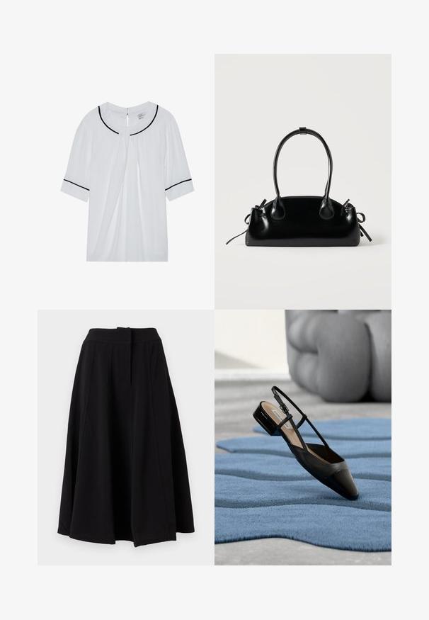 Witte blouse met korte mouwen en een ronde halslijn, voorzien van zwarte afwerking langs de kraag en mouwen, en een keyhole sluiting aan de achterkant.; Zwarte A-lijn midi-rok met brede tailleband en zichtbare verticale naaddetails, getoond tegen een effen achtergrond.; Zwarte slingback schoen van lakleer met een lage blokhak, rustend op een gestructureerd blauw golvend tapijt en grijze, gewatteerde meubels.; Kleine zwarte glanzende handtas met twee lange hengsels en zijkant trekkoord details op een effen lichte achtergrond.