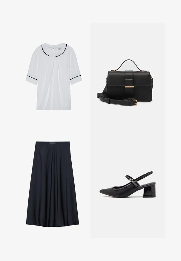 Blusa blanca de manga corta con escote redondo, con ribete negro en el cuello y las mangas, y un cierre de ojal en la parte posterior.; Falda negra, de largo hasta la rodilla, hecha de una tela ligera con un diseño fluido. Presenta una textura suave y pliegues sutiles como detalle adicional.; Tacones slingback de charol negro con punta afilada, un diseño de corte redondeado y tacón bloque. Incluye un detalle de hebilla en tono dorado.; Bolso de mano de cuero negro con acentos metálicos dorados, forma rectangular, cierre con solapa, correa de hombro ajustable, textura suave, diseño minimalista.