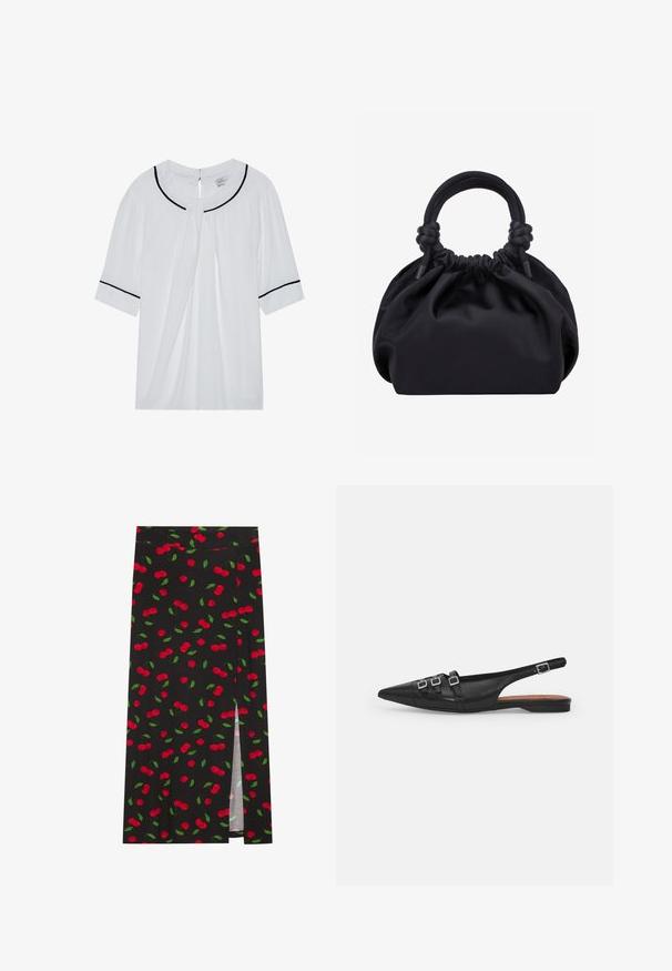 Blouse blanche à manches courtes avec un col rond, ornée de bordures noires le long du col et des manches, et d'une fermeture par œillet dans le dos.; Jupe noire avec un motif de cerises comprenant des cerises rouges et des feuilles vertes. Inclut une fente latérale pour un détail de design supplémentaire.; Chaussure plate noire en cuir avec un bout pointu, dotée de deux lanières horizontales et de boucles carrées en argent, avec un faible talon et une texture lisse.; Sac à main en tissu noir doux avec haut froncé et poignées circulaires rembourrées nouées de chaque côté.