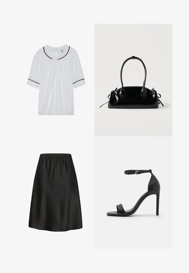 Blouse blanche à manches courtes avec un col rond, ornée de bordures noires le long du col et des manches, et d'une fermeture par œillet dans le dos.; Jupe noire trapèze avec une ceinture élastique, fabriquée en tissu lisse. L'ourlet est légèrement arrondi, offrant une coupe décontractée. Sans motifs ni accents.; Sandale noire à talons hauts au design épuré, avec une bride au niveau de la cheville, un bout ouvert et une texture en cuir lisse.; Petit sac à main noir brillant avec deux longues anses et des détails à cordon sur les côtés sur un fond clair uni.