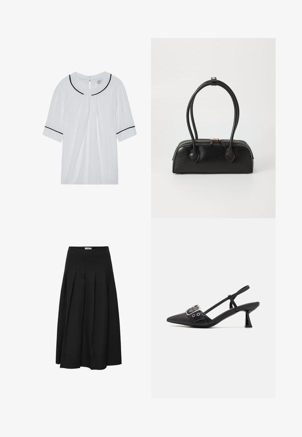 Blouse blanche à manches courtes avec un col rond, ornée de bordures noires le long du col et des manches, et d'une fermeture par œillet dans le dos.; Jupe midi plissée noire en tissu lisse. Elle présente une taille haute et une silhouette fluide avec des plissés soigneusement cousus.; Simmi London DALA - Escarpins - black; Sac à main en cuir noir avec deux anses allongées, fermeture éclair et forme arrondie ; texture lisse avec une finition légèrement brillante.