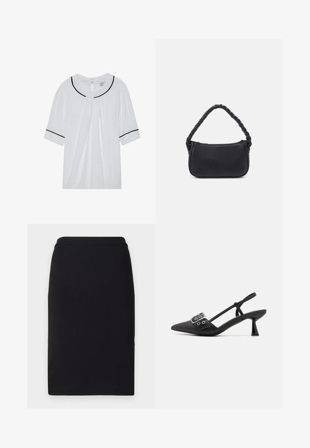 Blusa blanca de manga corta con escote redondo, con ribete negro en el cuello y las mangas, y un cierre de ojal en la parte posterior.; Falda lápiz negra hecha de tela elástica, con una textura suave y un diseño recto y ceñido con una cinturilla ajustada.; Simmi London DALA - Tacones - black; Bolso negro de forma redondeada, hecho de material liso. Presenta un asa trenzada y un cierre de cremallera para un almacenamiento seguro.