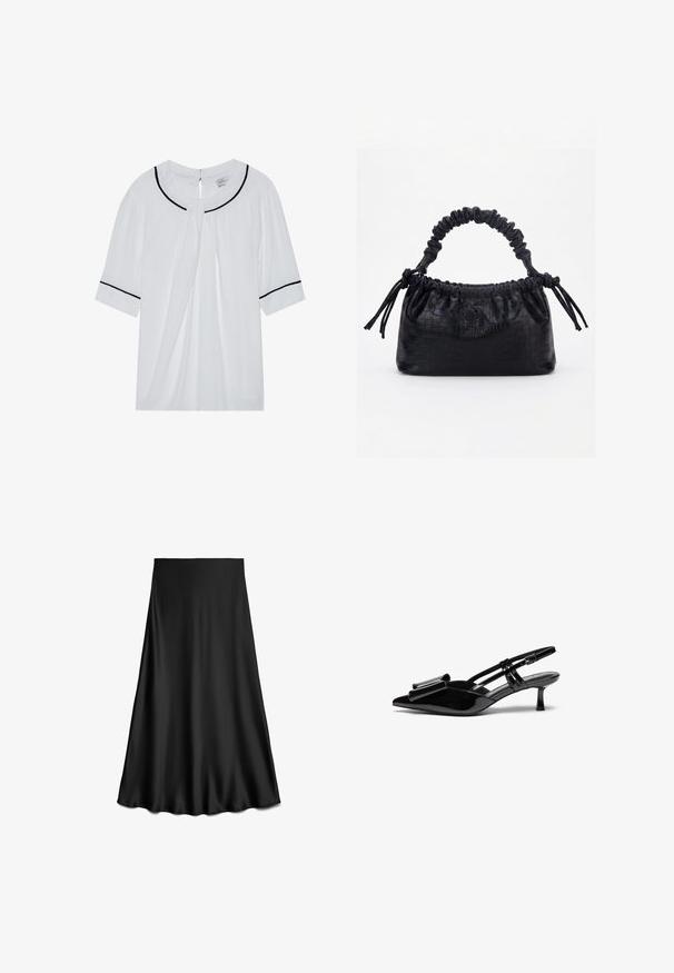 Blusa blanca de manga corta con escote redondo, con ribete negro en el cuello y las mangas, y un cierre de ojal en la parte posterior.; Falda negra de satén en línea A con textura suave y dobladillo fluido, hasta la rodilla, mostrada sobre un fondo blanco.; Zapatos de tacón slingback de charol negro con punta afilada, detalle de lazo en el frente y un pequeño tacón de aguja. Las correas tienen hebillas ajustables.; Bolso negro con textura de cocodrilo, borde superior fruncido, asa recogida y cordones con borlas en cada lado sobre un fondo blanco.