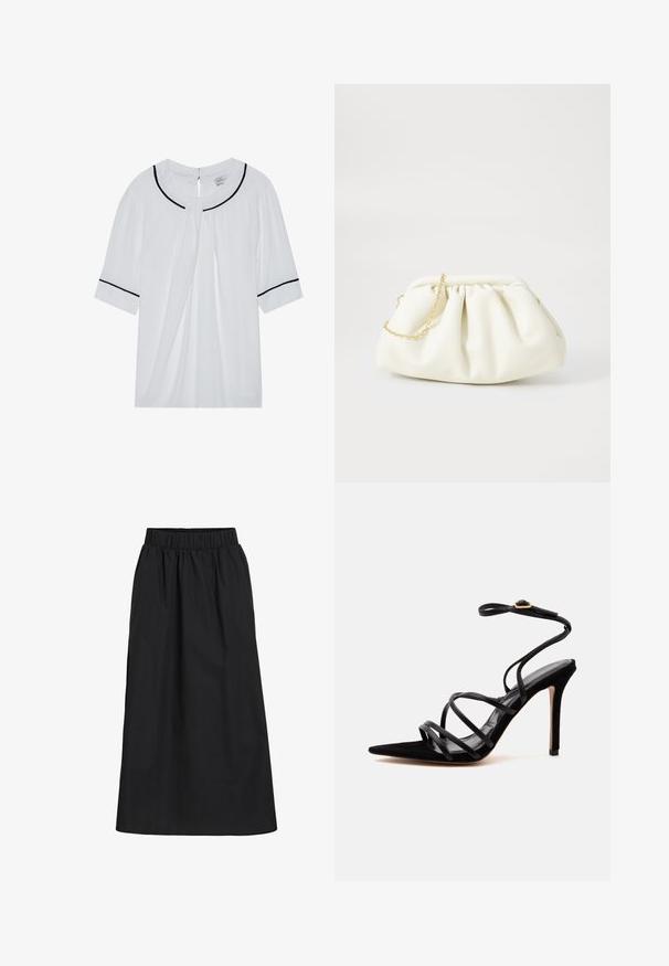 Blusa blanca de manga corta con escote redondo, con ribete negro en el cuello y las mangas, y un cierre de ojal en la parte posterior.; Falda negra, hasta las rodillas, hecha de tela suave y ligera. Cuenta con una cinturilla elástica y un diseño simple y fluido sin adornos.; Sandalia negra de tacón alto con puntera punta, tiras finas cruzadas y una correa en el tobillo con hebilla dorada sobre un fondo claro y liso.; Bolso de mano de cuero blanco con un diseño recogido, cuenta con una cadena dorada y forma redondeada. Textura suave con pliegues suaves y sin patrones.