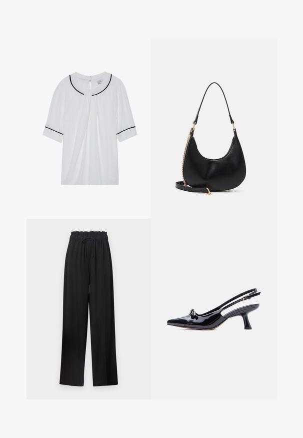 Blusa blanca de manga corta con escote redondo, con ribete negro en el cuello y las mangas, y un cierre de ojal en la parte posterior.; Pantalones de pierna ancha negros con una cinturilla elástica y cordón. Fabricados con un tejido suave sin patrones visibles ni elementos de metal.; Zapato slingback de charol negro con punta puntiaguda, pequeño detalle de nudo y tacón medio acampanado sobre fondo blanco.; Bolso negro en forma de media luna con un asa corta, detalle de cadena dorada en un lado y una correa larga desmontable.