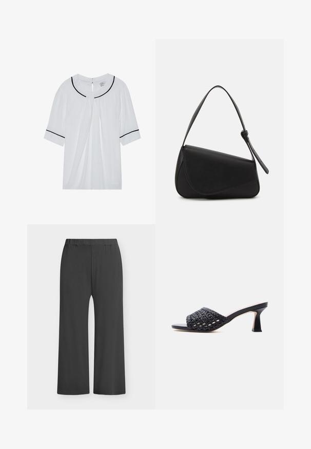 Blusa blanca de manga corta con escote redondo, con ribete negro en el cuello y las mangas, y un cierre de ojal en la parte posterior.; Pantalones anchos negros con cinturilla elástica, hechos de tela suave. Textura lisa sin patrones ni detalles, adecuados para uso casual.; Mule negro de punta abierta con parte superior de cuero trenzado y tacón delgado de altura media sobre un fondo claro y liso.; Bolso de mano de cuero negro con forma triangular, tapa en ángulo y un asa superior redondeada. Presenta una textura suave y detalles de diseño minimalistas.