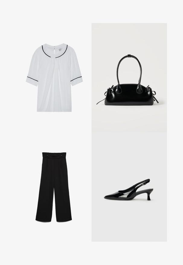 Blusa blanca de manga corta con escote redondo, con ribete negro en el cuello y las mangas, y un cierre de ojal en la parte posterior.; Pantalones negros de pierna ancha con una pretina alta, que cuentan con dos botones frontales y una textura suave. Corte recto con pliegues en la parte delantera.; Zapatos de charol negro tipo slingback con punta afilada y tacón bajo. Correa ajustable con hebilla en el tobillo.; Pequeño bolso negro brillante con dos asas largas y detalles de cordón lateral sobre un fondo claro liso.
